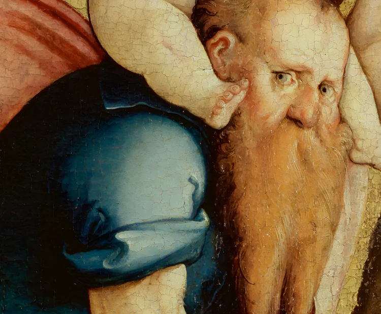 Heiliger Christopherus, bärtiger Mann in blauem Gewand, nach vorne gebeugt, Tafelgemälde-Ausschnitt